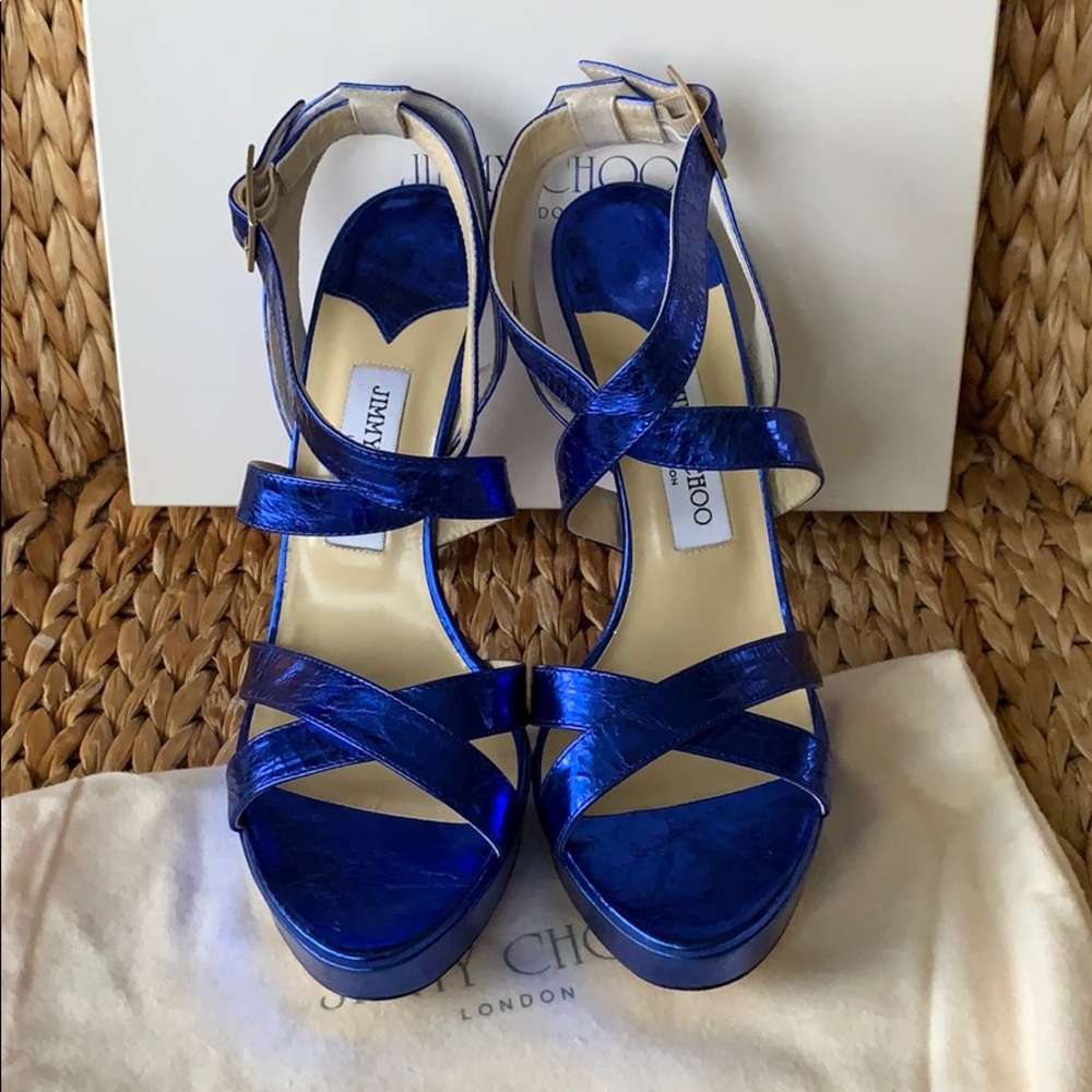 NIB Jimmy Choo Blue Metallic Leather Platform 41 - Picture 5 of 8